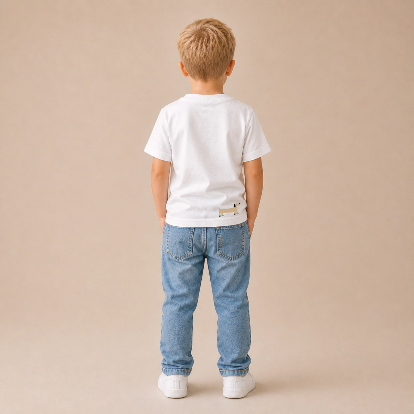 Dogs Out Bügelbild auf weißem Jungen-T-Shirt – Rücken Totale