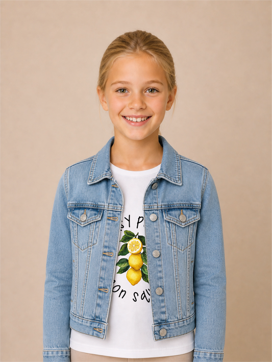 Easy Peasy Lemon Squeezy Bügelbild auf Mädchen-Jeansjacke – Front