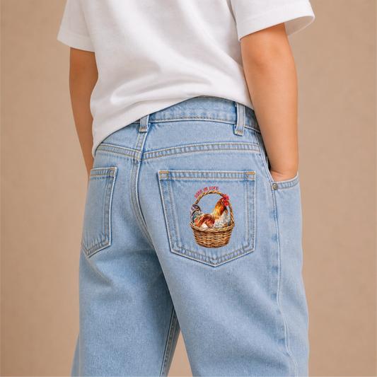 Hahn im Korb Bügelbild auf Kinder-Jeans Hosentasche – hellblau