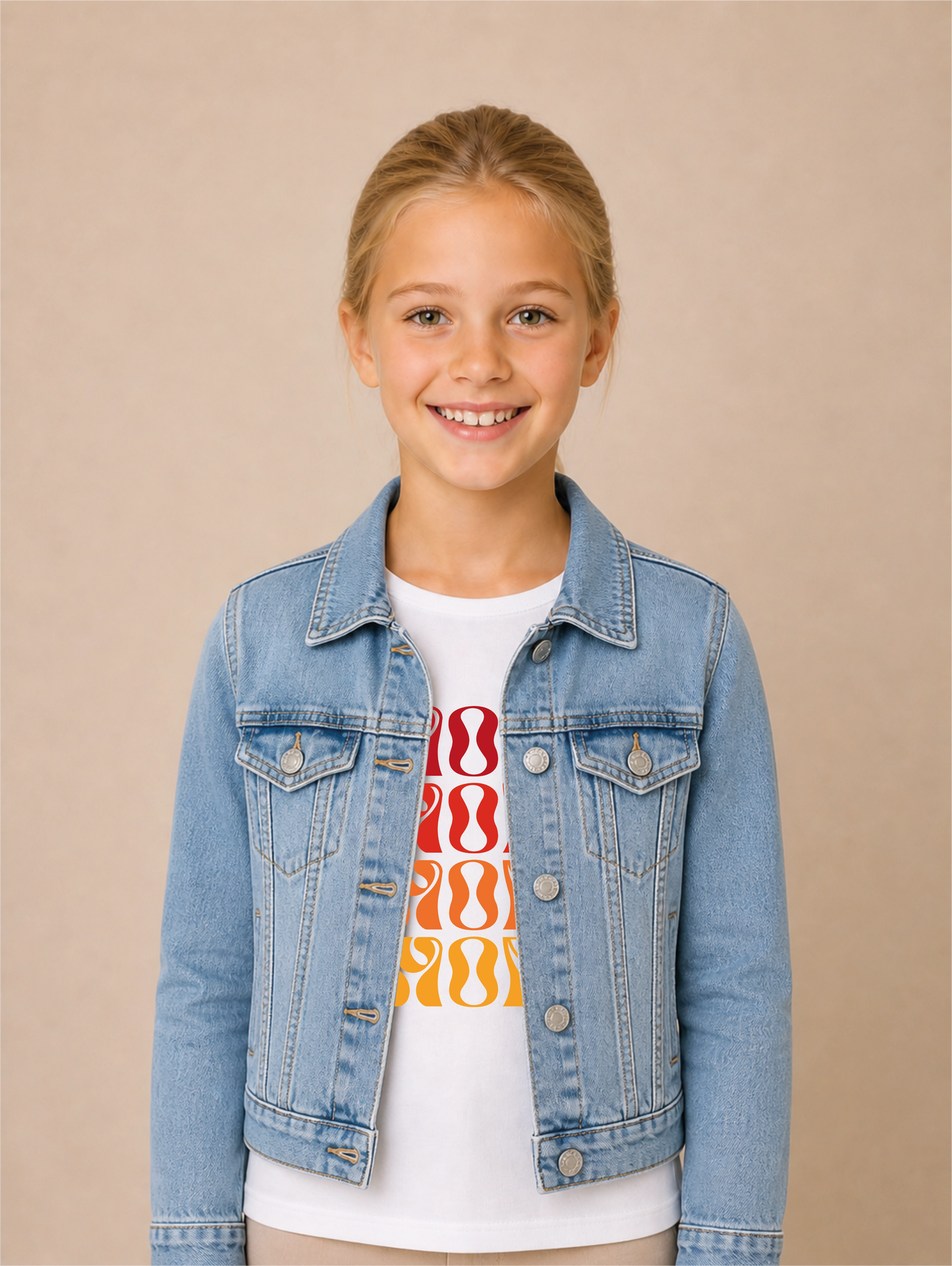 Amore Repeat Bügelbild auf Mädchen-Jeansjacke – Frontansicht