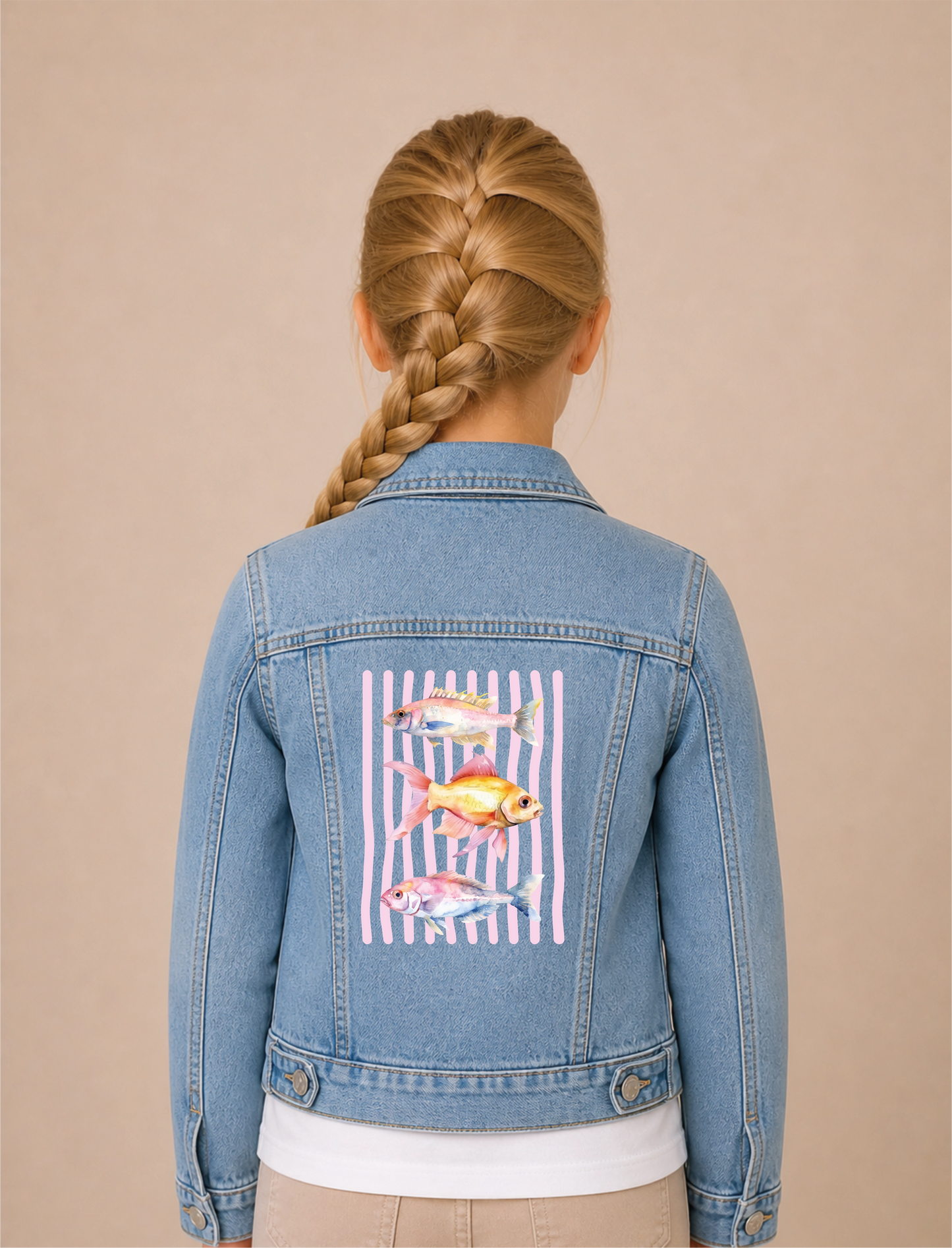 Aquarell Fische Rosa Bügelbild auf Mädchen-Jeansjacke – Rücken