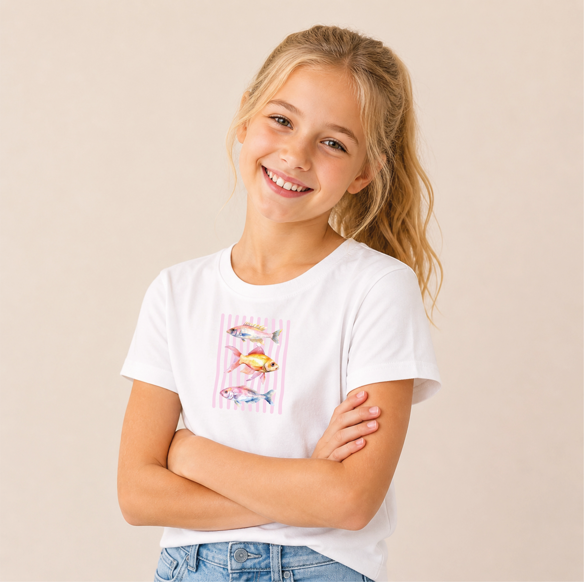 Aquarell Fische Rosa Bügelbild auf weißem Mädchen-T-Shirt – Front