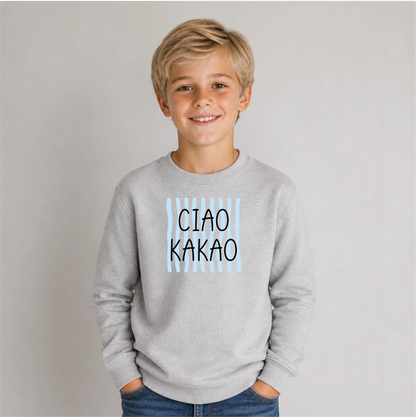 Ciao Kakao Blau Bügelbild auf grauem Jungen-Sweater – Front