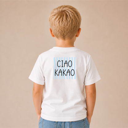 Ciao Kakao Blau Bügelbild auf weißem Jungen-T-Shirt – Rücken