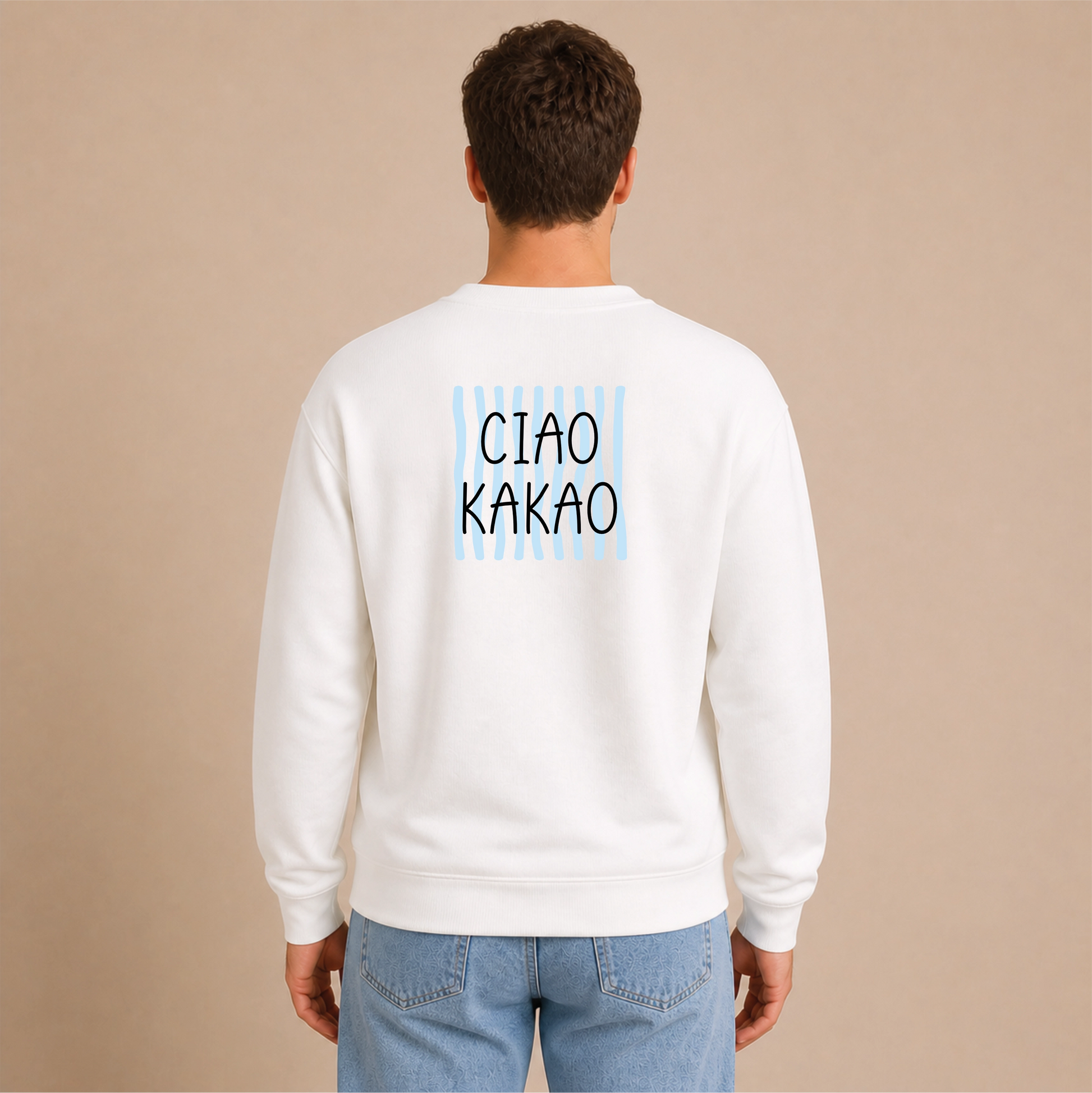 Ciao Kakao Blau Bügelbild auf weißem Herren-Sweater – Rücken
