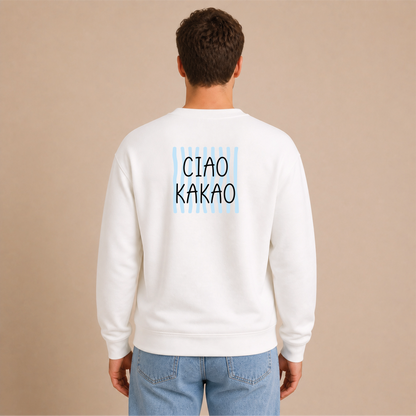 Ciao Kakao Blau Bügelbild auf weißem Herren-Sweater – Rücken