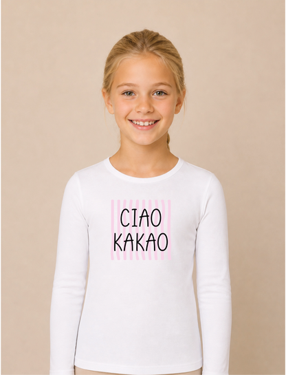 Ciao Kakao Rosa Bügelbild auf weißem Mädchen-Langarmshirt – Front