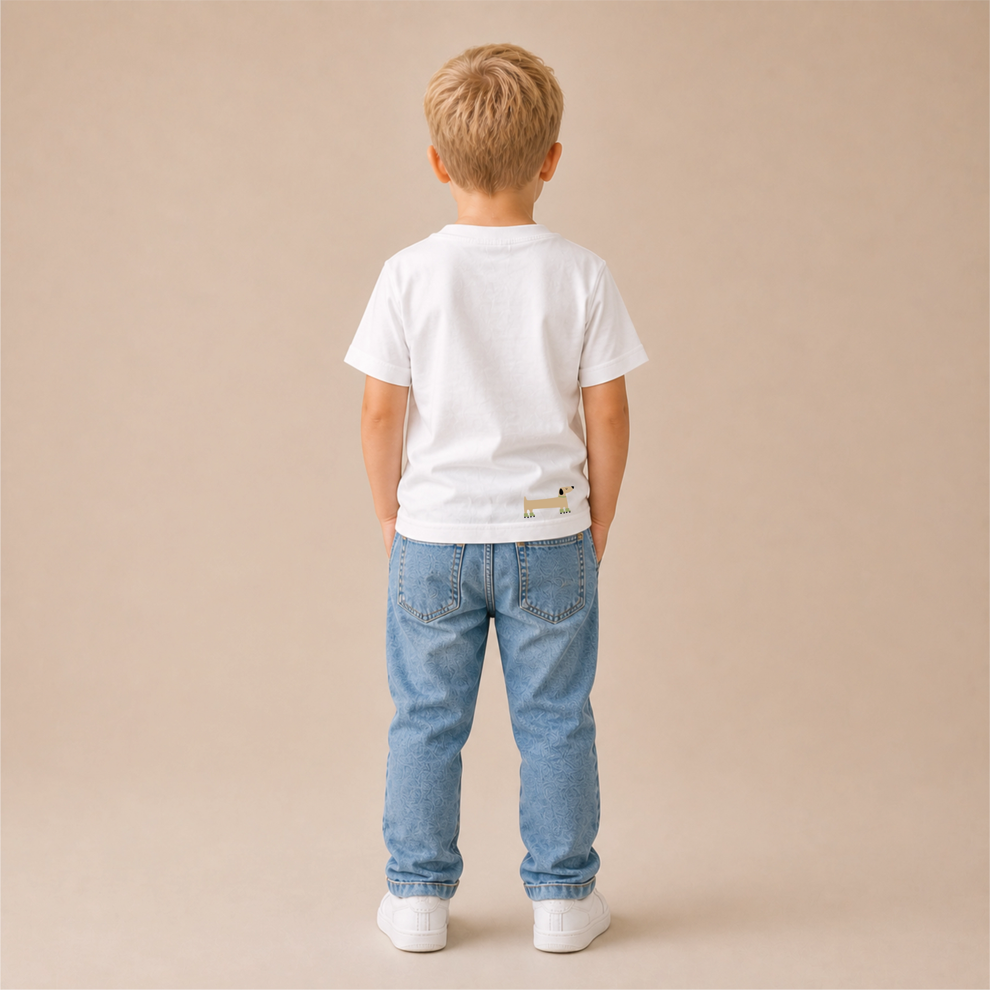 Dogs Out Bügelbild auf weißem Jungen-T-Shirt – Rücken Totale