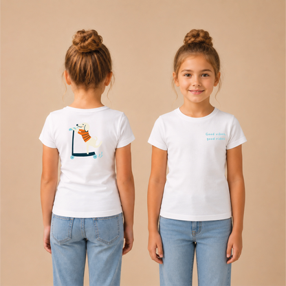 Dogs Out Bügelbild auf weißem Mädchen-Shirt – Rücken und Front