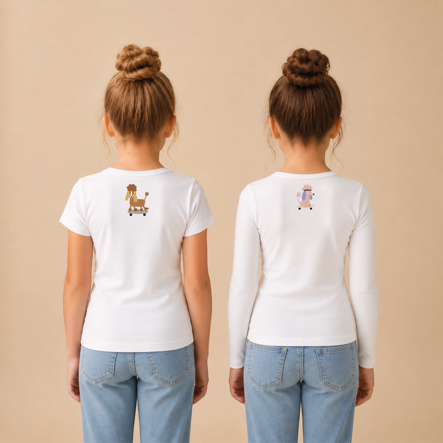 Dogs Out Bügelbild auf weißem Shirt – zwei Mädchen Rückenansicht