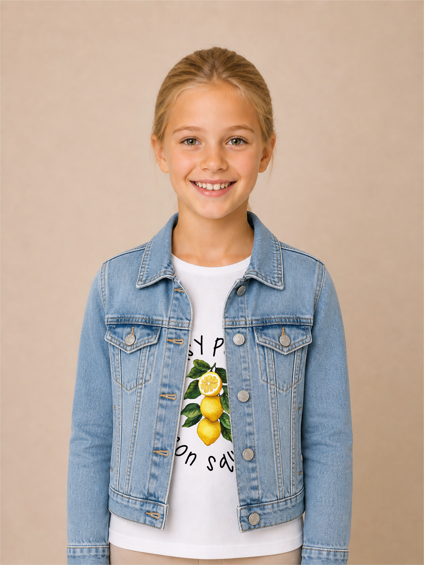 Easy Peasy Lemon Squeezy Bügelbild auf Mädchen-Jeansjacke – Front