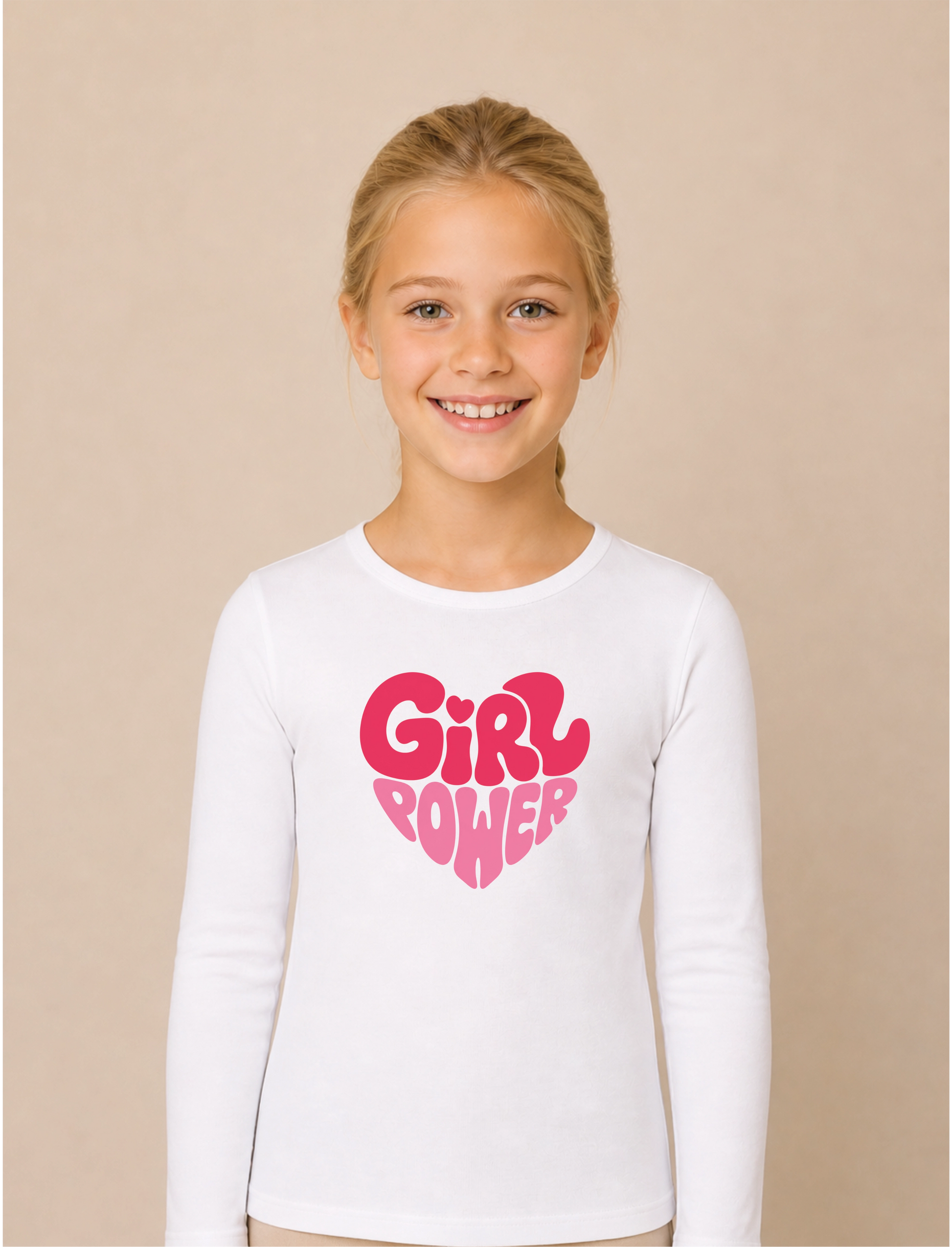 Girl Power Herz Bügelbild auf weißem Mädchen-Langarmshirt – Front