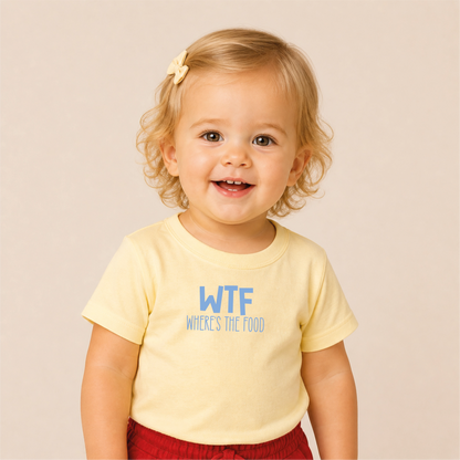 WTF Where’s the Food Bügelbild auf gelbem Kleinkind-Shirt – Nahaufnahme